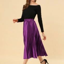 Allegra K Skirts Women's Elastic Waist Party Metallic Shiny Accordion Pleated Midi Skirt