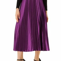 Allegra K Skirts Women's Elastic Waist Party Metallic Shiny Accordion Pleated Midi Skirt