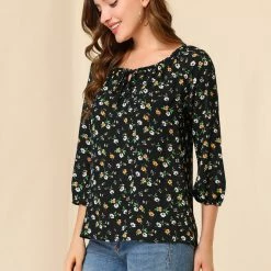 Women Allegra K Floral Print 3/4 Raglan Sleeve Drawstring Round Neck Blouse