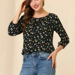 Women Allegra K Floral Print 3/4 Raglan Sleeve Drawstring Round Neck Blouse