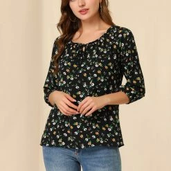 Women Allegra K Floral Print 3/4 Raglan Sleeve Drawstring Round Neck Blouse