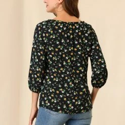Women Allegra K Floral Print 3/4 Raglan Sleeve Drawstring Round Neck Blouse