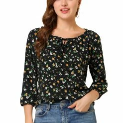 Women Allegra K Floral Print 3/4 Raglan Sleeve Drawstring Round Neck Blouse