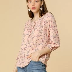 Women Allegra K Floral Print 3/4 Raglan Sleeve Drawstring Round Neck Blouse