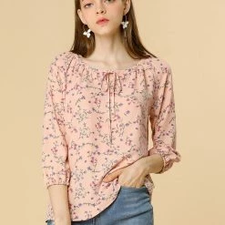 Women Allegra K Floral Print 3/4 Raglan Sleeve Drawstring Round Neck Blouse