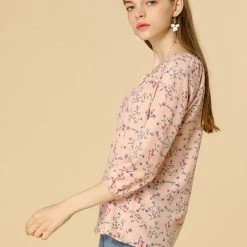 Women Allegra K Floral Print 3/4 Raglan Sleeve Drawstring Round Neck Blouse