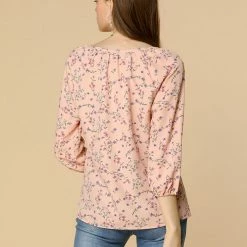Women Allegra K Floral Print 3/4 Raglan Sleeve Drawstring Round Neck Blouse
