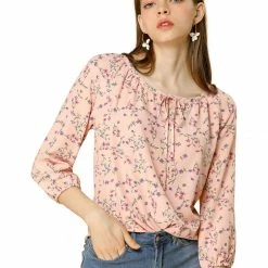 Women Allegra K Floral Print 3/4 Raglan Sleeve Drawstring Round Neck Blouse