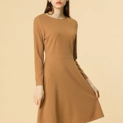 Allegra K Long Sleeves Round Neck Knitted A-line Dress Women