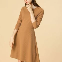 Allegra K Long Sleeves Round Neck Knitted A-line Dress Women
