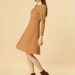 Allegra K Long Sleeves Round Neck Knitted A-line Dress Women