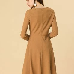 Allegra K Long Sleeves Round Neck Knitted A-line Dress Women