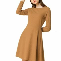 Allegra K Long Sleeves Round Neck Knitted A-line Dress Women