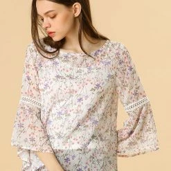 Allegra K 3/4 Bell Sleeve Floral Print Chiffon Blouse With Spaghetti Strap Cami