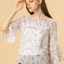 Allegra K 3/4 Bell Sleeve Floral Print Chiffon Blouse With Spaghetti Strap Cami
