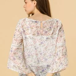 Allegra K 3/4 Bell Sleeve Floral Print Chiffon Blouse With Spaghetti Strap Cami