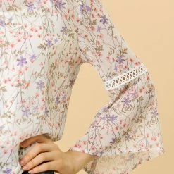 Allegra K 3/4 Bell Sleeve Floral Print Chiffon Blouse With Spaghetti Strap Cami