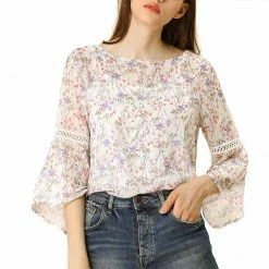 Allegra K 3/4 Bell Sleeve Floral Print Chiffon Blouse With Spaghetti Strap Cami