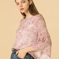 Allegra K 3/4 Bell Sleeve Floral Print Chiffon Blouse With Spaghetti Strap Cami