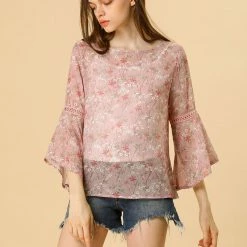 Allegra K 3/4 Bell Sleeve Floral Print Chiffon Blouse With Spaghetti Strap Cami
