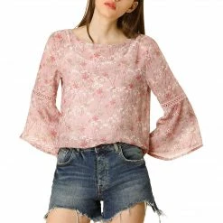 Allegra K 3/4 Bell Sleeve Floral Print Chiffon Blouse With Spaghetti Strap Cami