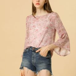 Allegra K 3/4 Bell Sleeve Floral Print Chiffon Blouse With Spaghetti Strap Cami