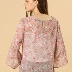 Allegra K 3/4 Bell Sleeve Floral Print Chiffon Blouse With Spaghetti Strap Cami