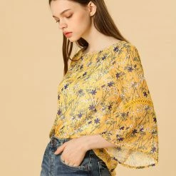 Allegra K 3/4 Bell Sleeve Floral Print Chiffon Blouse With Spaghetti Strap Cami