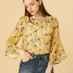 Allegra K 3/4 Bell Sleeve Floral Print Chiffon Blouse With Spaghetti Strap Cami