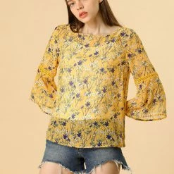Allegra K 3/4 Bell Sleeve Floral Print Chiffon Blouse With Spaghetti Strap Cami