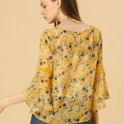 Allegra K 3/4 Bell Sleeve Floral Print Chiffon Blouse With Spaghetti Strap Cami