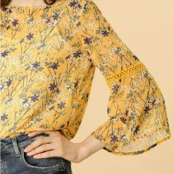 Allegra K 3/4 Bell Sleeve Floral Print Chiffon Blouse With Spaghetti Strap Cami
