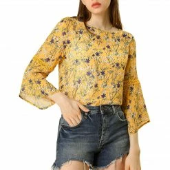 Allegra K 3/4 Bell Sleeve Floral Print Chiffon Blouse With Spaghetti Strap Cami
