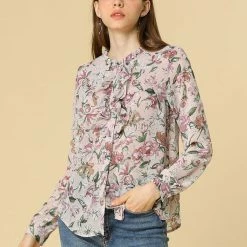 Allegra K Long Sleeve Ruffle Collar Button Down Floral Shirt