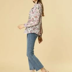 Allegra K Long Sleeve Ruffle Collar Button Down Floral Shirt