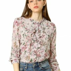 Allegra K Long Sleeve Ruffle Collar Button Down Floral Shirt