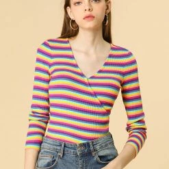 Allegra K Faux Wrap Knit Top In Striped Rainbow 35 Allegra K Faux Wrap Knit Top In Striped Rainbow