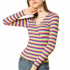 Allegra K Faux Wrap Knit Top In Striped Rainbow 34 Allegra K Faux Wrap Knit Top In Striped Rainbow