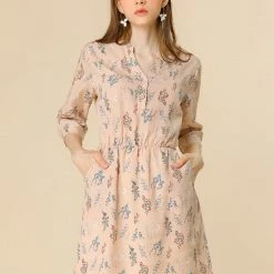 Allegra K Women's Button Down Floral Print V Neck 3/4 Sleeves Vintage Shirt Dress