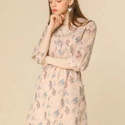 Allegra K Women's Button Down Floral Print V Neck 3/4 Sleeves Vintage Shirt Dress