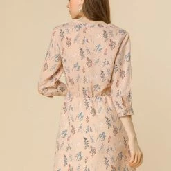 Allegra K Women's Button Down Floral Print V Neck 3/4 Sleeves Vintage Shirt Dress