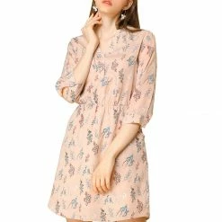 Allegra K Women's Button Down Floral Print V Neck 3/4 Sleeves Vintage Shirt Dress