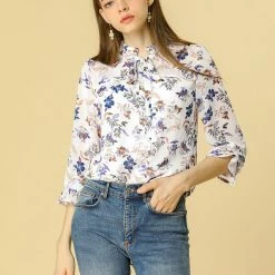Allegra K Long Sleeve Tie Neck Ruffle Collar Floral Print Top