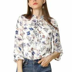Allegra K Long Sleeve Tie Neck Ruffle Collar Floral Print Top