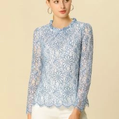 Allegra K Lace Long Sleeve Ruffle Round Neck Floral Blouse Women