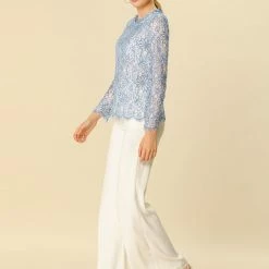 Allegra K Lace Long Sleeve Ruffle Round Neck Floral Blouse Women