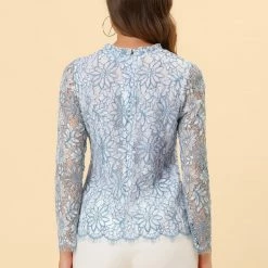 Allegra K Lace Long Sleeve Ruffle Round Neck Floral Blouse Women