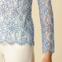Allegra K Lace Long Sleeve Ruffle Round Neck Floral Blouse Women
