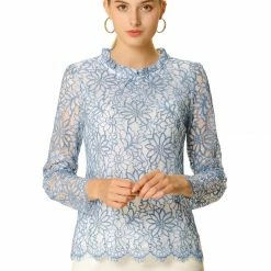 Allegra K Lace Long Sleeve Ruffle Round Neck Floral Blouse Women