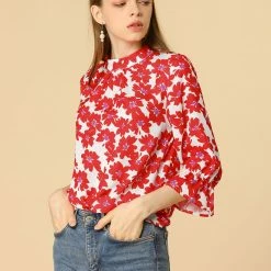 Allegra K Women's Ruffle 3/4 Sleeves Pleated Stand Collar Tie Keyhole Back Floral Printed Blouse Top 46 Allegra K Women's Ruffle 3/4 Sleeves Pleated Stand Collar Tie Keyhole Back Floral Printed Blouse Top